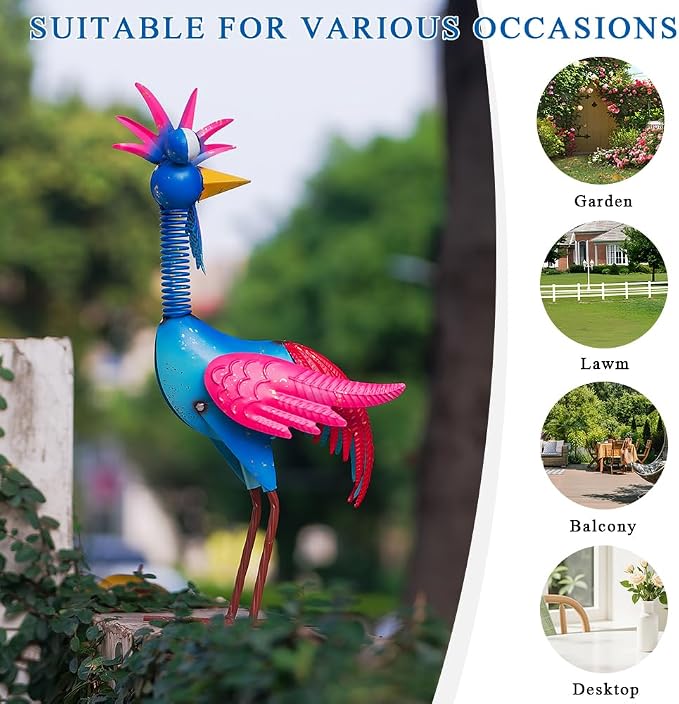 Metal Wacky Rooster Garden Statue, Rooster Decor Yard Statue Decorations Outdoor, Chicken Yard Art for Outside, Patio, Backyard, Lawn (Blue & Pink)