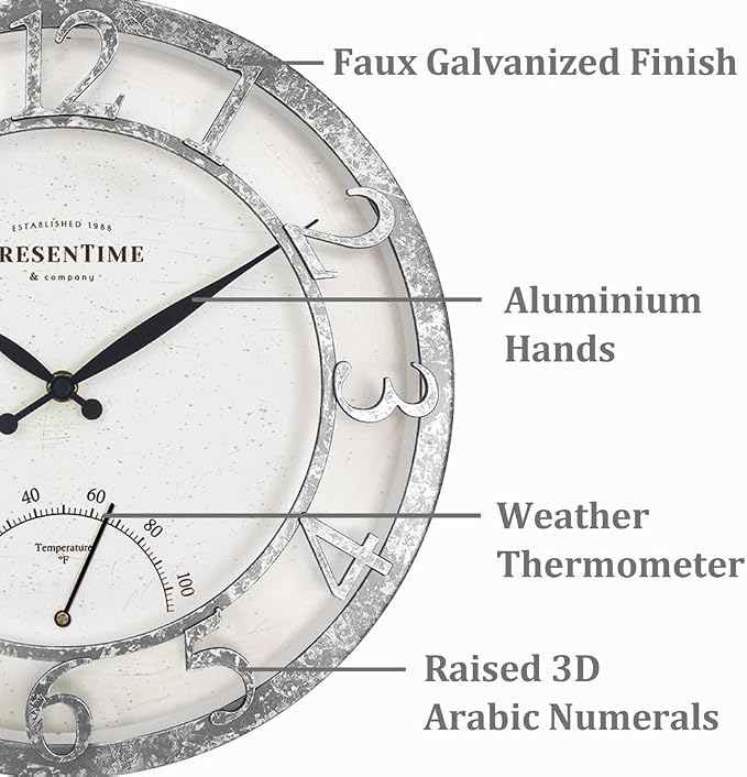 Presentime & Co 13" Farmhouse Outdoor Wall Clock w/Outdoor Thermometer, Farmhouse Style, Raised 3D Arabic Numerals, Faux Galvanized Finish (Wall Clock for Patio, Cottage, Poolside, Garden Spaces)