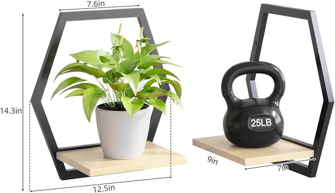 2 Pack Solid Wood & Metal Framework Wall Plant Stands,9 inch Natural Wood Shelf of Indoor,Mid Century Modern Hanging Planter for Outdoor Entryway 25 LB Load for Plants Black