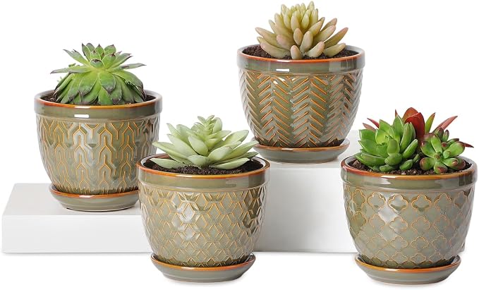 Sureasy Ceramic Plant Pots, 4.7 Inch Flower Pots for Indoor Plants, Succulent Pots with Saucer and Drainage Hole, Decorative Planter for Succulent, Cactus, Set of 4, Green