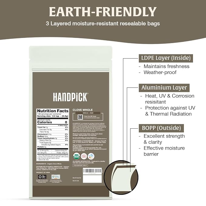 HANDPICK Organic Cloves Whole (2.3oz, 65g) Premium Cloves from South India | Packed in a Resealable Zip Lock Pouch | Perfect for Cooking, Smoothies, Pomander Balls & Tea (Packaging may vary)