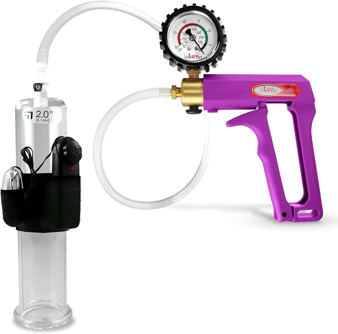 LeLuv Maxi Vibrating Penis Pump - Purple Handle + Clear Hose, Protected Gauge - 9" Length x 2" Diameter Round-Flange Cylinder
