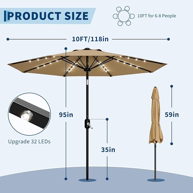 GarveeLife Patio Umbrella with Solar Lights, Outdoor Table Umbrella with 8 Durable Ribs, Tilt & Crank Mechanism, Water & UV Protection Sun Shade Umbrella for Garden, Poolside, Backyard (Tan, 10 FT)