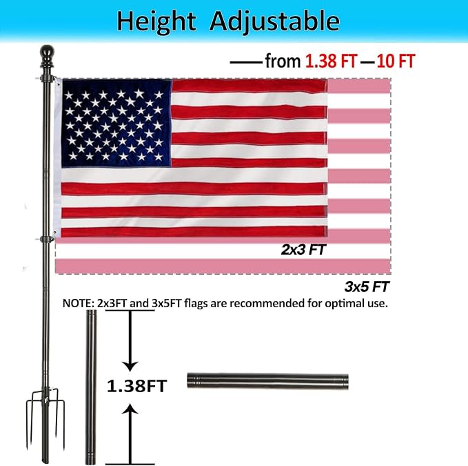10 Foot Flag Poles for Outside House Inground with 3x5 American Flags,Heavy Duty Stainless Steel Flag Pole in Ground with 5 Pronges Base,Inground Flag Poles for Residential Garden Yard