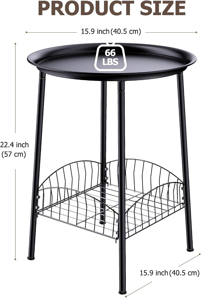 2 PCS Small Outdoor Side Table, 2-Tier Round Metal Patio Table, Accent Table Waterproof, Weather Resistant End Table for Yard Porch Pool Balcony Garden Bedside