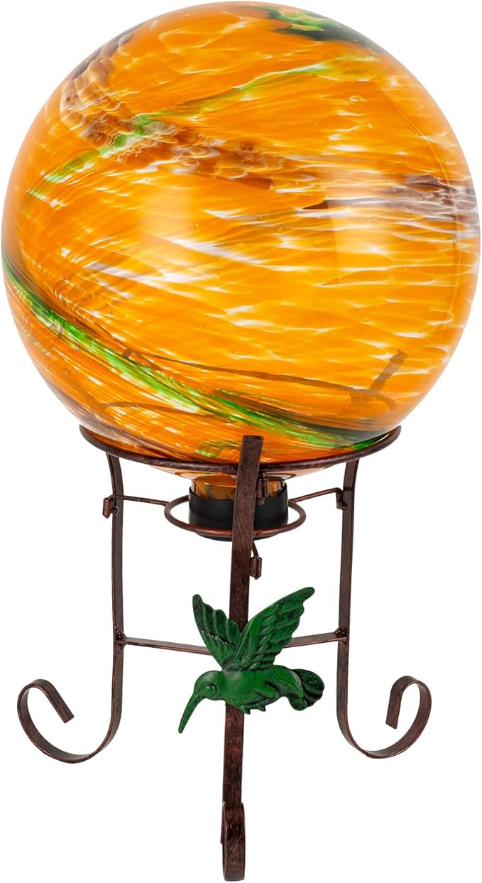 10 Inch Glass Gazing Ball with 9.4" H Metal Stand | Glass Gazing Globe Display Holder Set for Outdoor Garden Lawn Yard Decoration, Sunset Sky