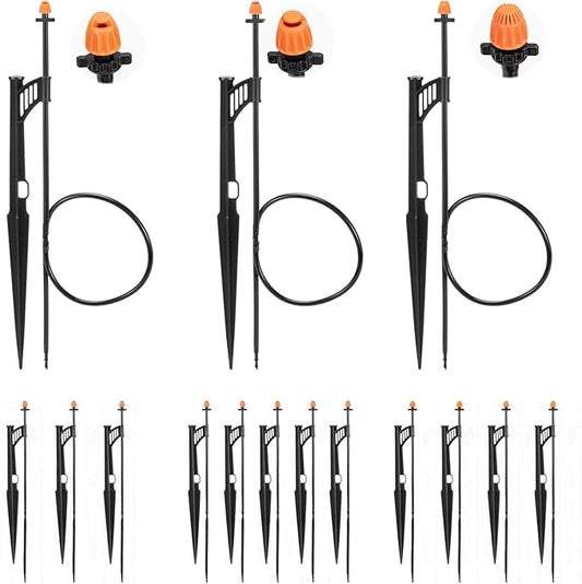 12 Sets 90/180/360° Irrigation Micro Sprinkler Heads with Stake,Drip Sprinkler Heads with 1/4" Irrigation Tubing on Riser Stake,Drip Spray Emitters Sprinkler Stake Assembly for Garden Water System