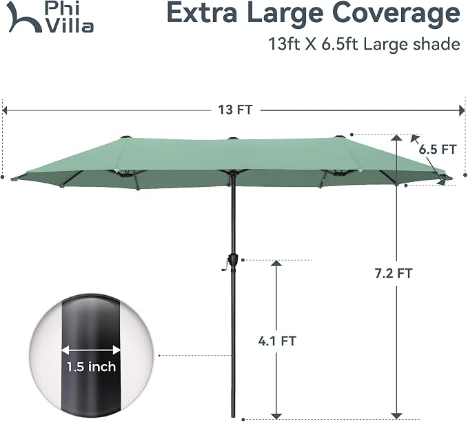 PHI VILLA 13ft Large Patio Umbrellas, Double-Sided Outdoor Market Rectangle Umbrella for Outside, Mint Green