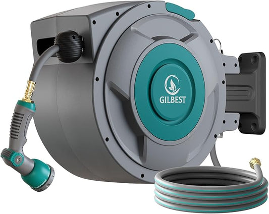 5/8" x 100 ft Retractable Garden Hose Reel, Heavy Duty Water Hose Reel Wall Mounted, Any Length Lock, 180°Swivel, Retractable Hose with 10-Function Nozzle for Cleaning, Watering (Green)