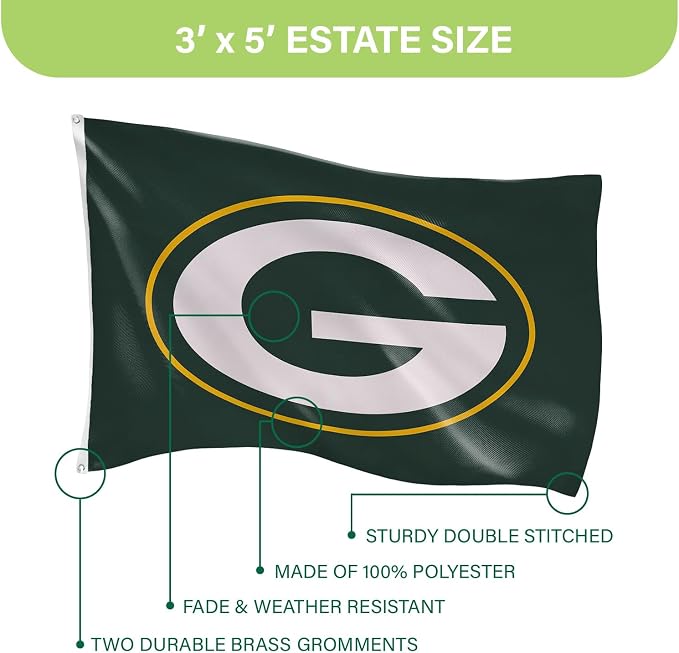 Team Sports America NFL Green Bay Packers 3 x 5 Outdoor Durable Flag with Grommets | Heavy Duty Flag & Banner for Outdoor Garden Patio | Indoor Wall Decor | Works with Flag Poles for House