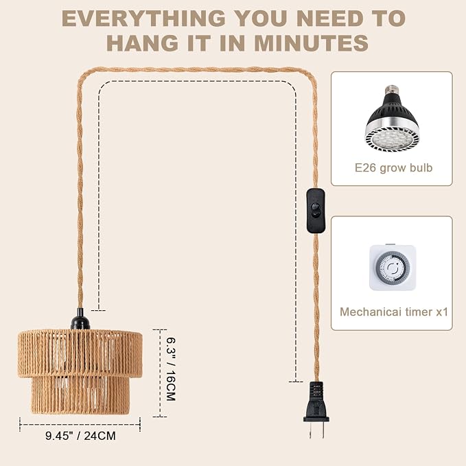 Hanging Grow Light, 30W LED Lamp with Timer for Indoor Plants | 4000K LED plant lamp with 15 ft cord, outlet timer, and boho paper rope shade for succulents, herbs, and low-light rooms.