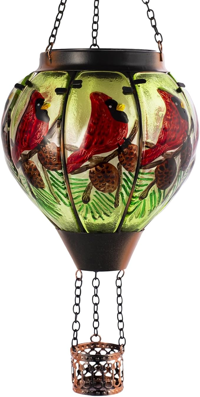 Cardinal Solar Hot Air Balloon Lantern with Flame, Glass Balloon Solar Lantern Outdoor Waterproof, Hanging Hot Air Balloon Solar Light, Cardinal Gifts for Mom Woman Christmas
