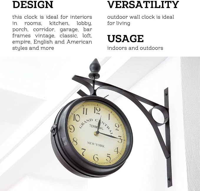 Vintage Double Sided Industrial Wall Clock for Outdoor Decorative Art Antique Decor Office Kitchen Silent 360 Degree Rotate