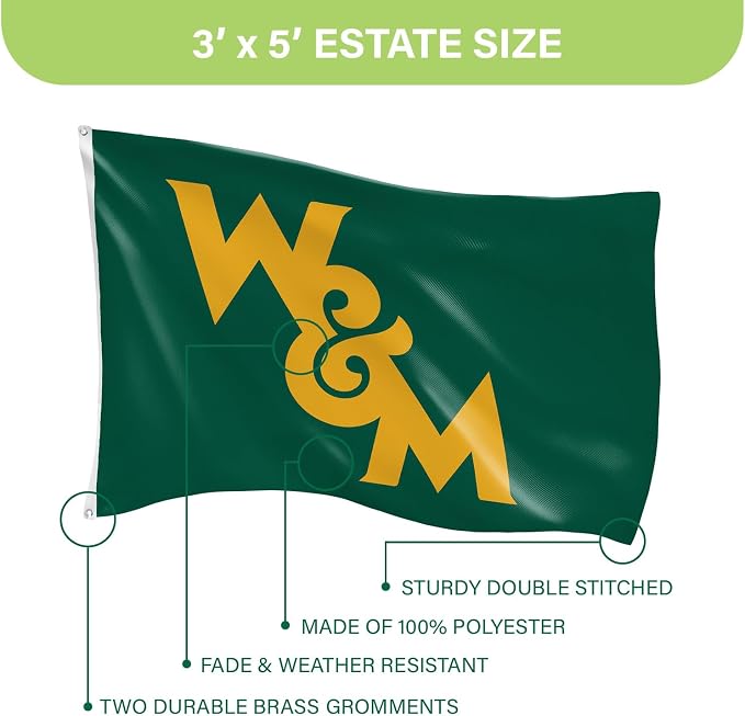 NCAA William & Mary Flag with Grommets, 3'x5' W&M Tribe Outdoor College Flags & Banners for Garden Patio Indoor Wall Décor
