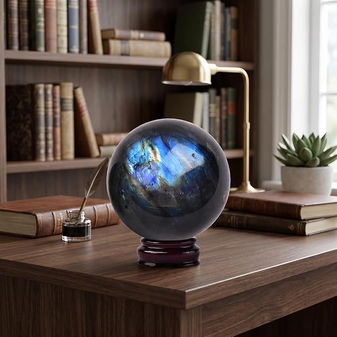 2-2.4 inch Natural Labradorite Crystal Ball with Stand, Hand Polished Iridescent Flash Stone Sphere, Reiki Healing Gemstone Sphere, Feng Shui Home Desktop Decor, Spiritual Meditation Gift