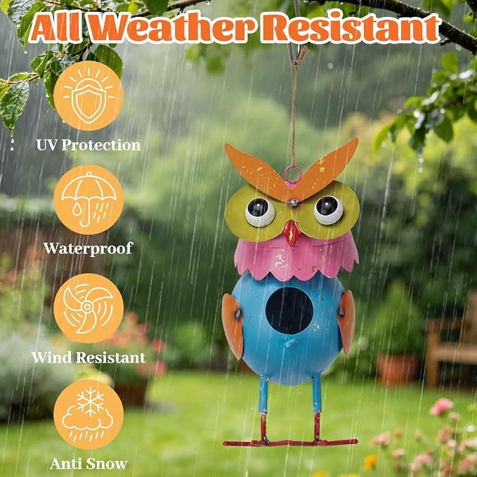 Metal Owl Garden Statues Yard Art Animal Figurines | Hanging Birdhouse Owl Figure Outdoor Decor Yard Decoration Lawn Ornaments Decorative Bird House for Outside