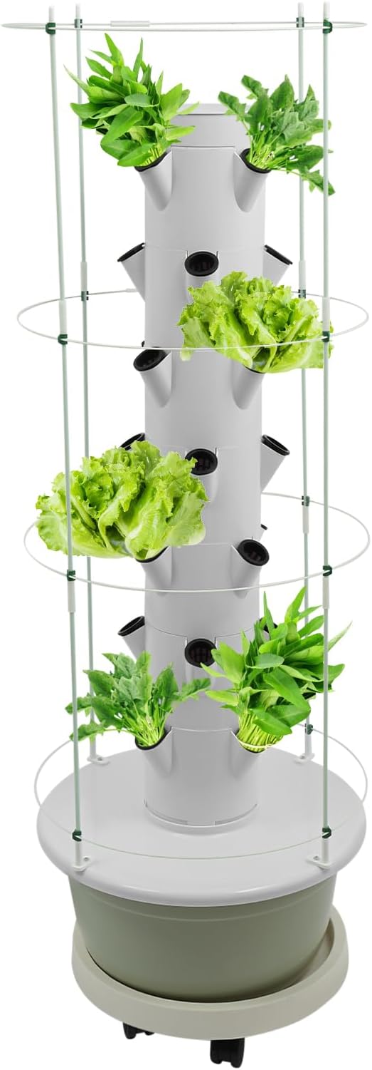 28 Pods Hydroponics Growing System kit, 7-Layer Movable Vertical Hydroponic Tower with Pump Timer Climbing Support Frame Indoor Gardening System for Vegetables Fruits Herb