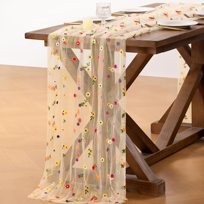 Socomi Flower Table Runner Summer Daisy Floral Tulle Gauze Cheesecloth Embroidery Table Runners for Tea Party Garden Wedding Bridal Baby Shower Birthday Picnic Decor Beige 1pc