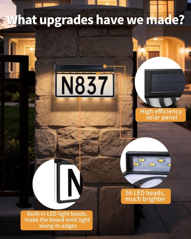 BRIMAX Solar Powered Address Sign,Lighted House Number Plaque IP65 Waterproof,3 Color Modes,Upgraded Side-Lit LED Sign,In-Ground Or Wall Mounted for Outside