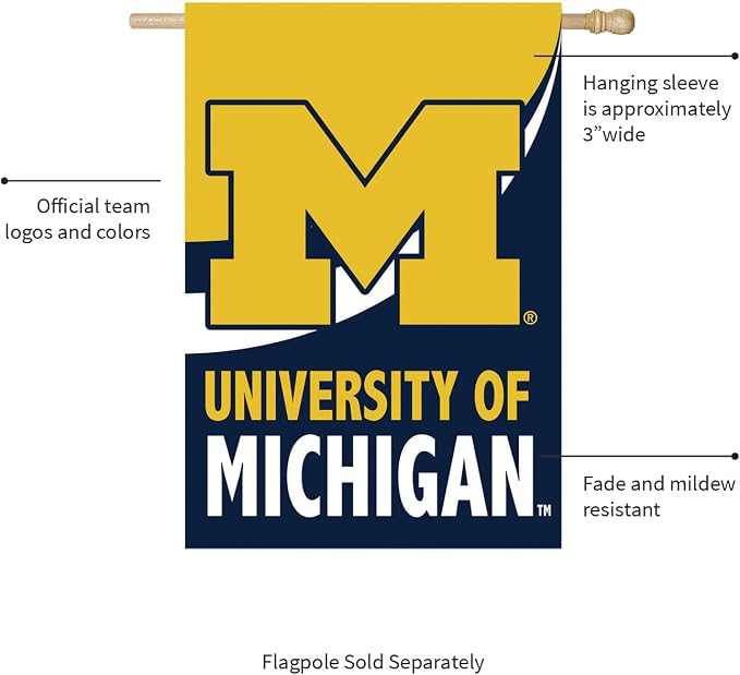 NCAA University Of Michigan House Flag, 28 x 44, Double Sided Garden Flags for Outside, Outdoor College Flags & Banners for Gardens Patio, Indoor Wall Decor Flag for Room