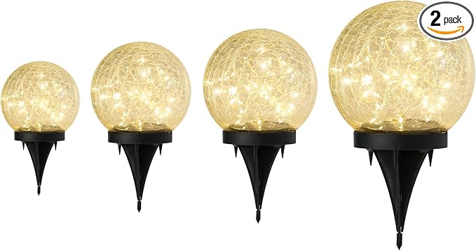 Outdoor Waterproof IP65 Solar Globe Lights, Led Solar Light Balls for Lawn Garden Patio Table Art Decoration, Yard Landscape Illuminated Cracked Glass Sphere Gazing Ball Lights, Round Ornaments Orbs