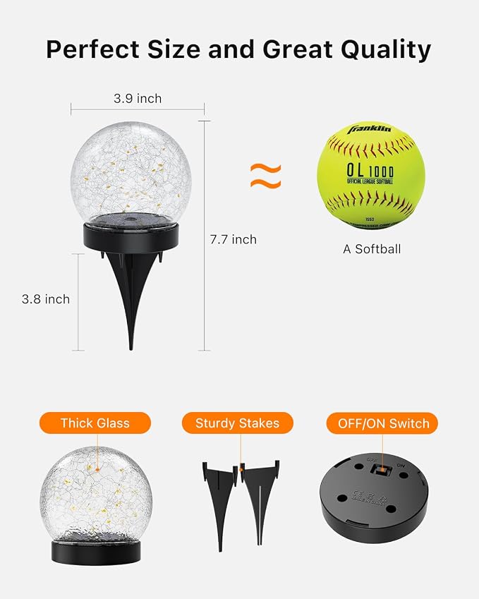 8 Pack Multicolor Solar Powered Cracked Glass Ball Lights Outdoor | Outside LED RGB Ambiance Circle Lamps, for Garden, Patio, Table, Walkway, Stairs, Lawn, Landscape Decor with Durable Stakes