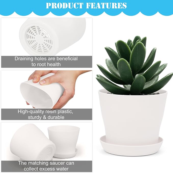 Hahood 48 Pack Plastic Planters 4 Inch Flower Plant Pots Indoor Set Thickened Seedling Nursery Pots Seed Starting Pots with Drainage Holes Saucers, Mini Garden Tools for Home Office Garden, White