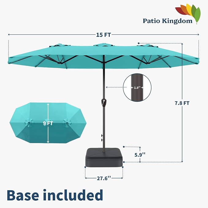 15FT Double Sided Patio Umbrella with Base Included Large Outdoor Market Umbrella with Crank Handle, UV Resistant Canopy, Sturdy Frame for Garden, Poolside, Deck, Aqua Blue