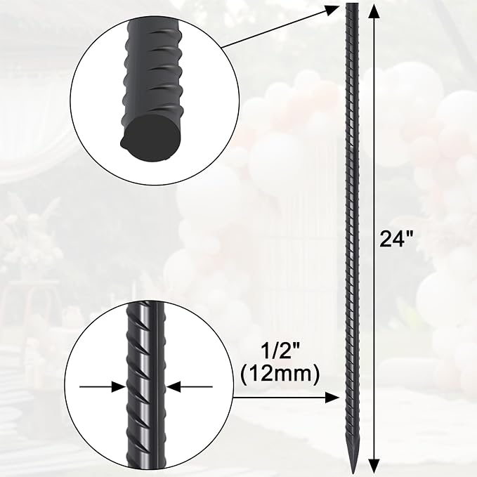 Rebar Stakes 24 Inch 1/2 Inch Dia Straight Metal Spikes for Ground 40 Pack | Landscape Timber Anchors with Chisel Point End for Plant Support, Concrete Form and Fence, Black