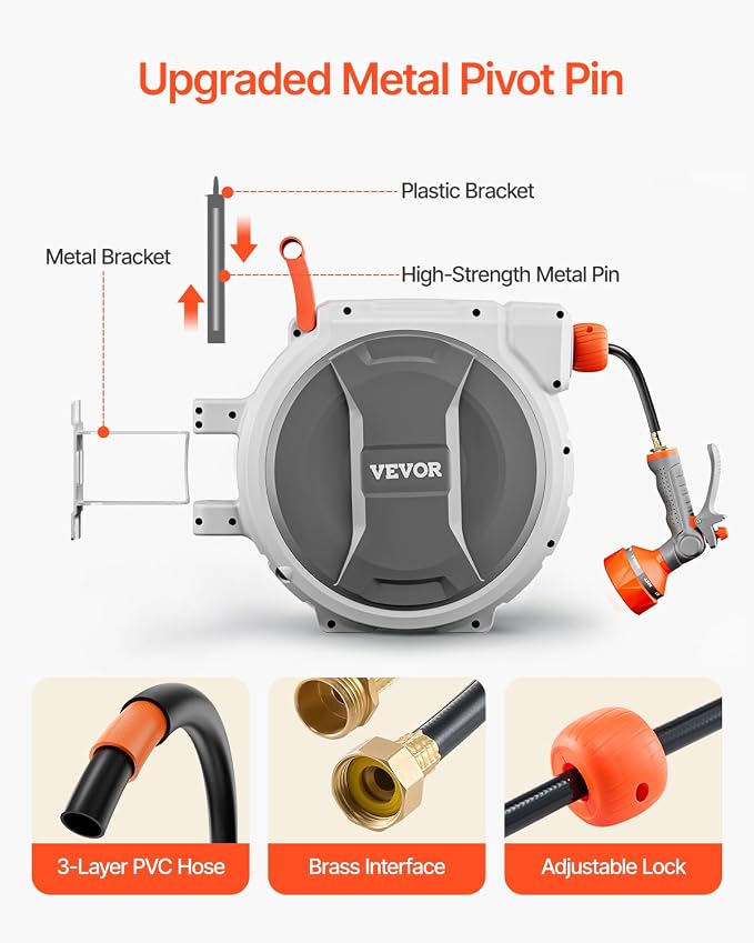 VEVOR Retractable Garden Hose Reel, 5/8 Inch x 100 ft Wall Mounted Hose Reel, Heavy Duty Garden Hose Reel with 9 Patterns Nozzle, Any Length Lock, Upgraded Slow Return System and 180°Swivel Bracket