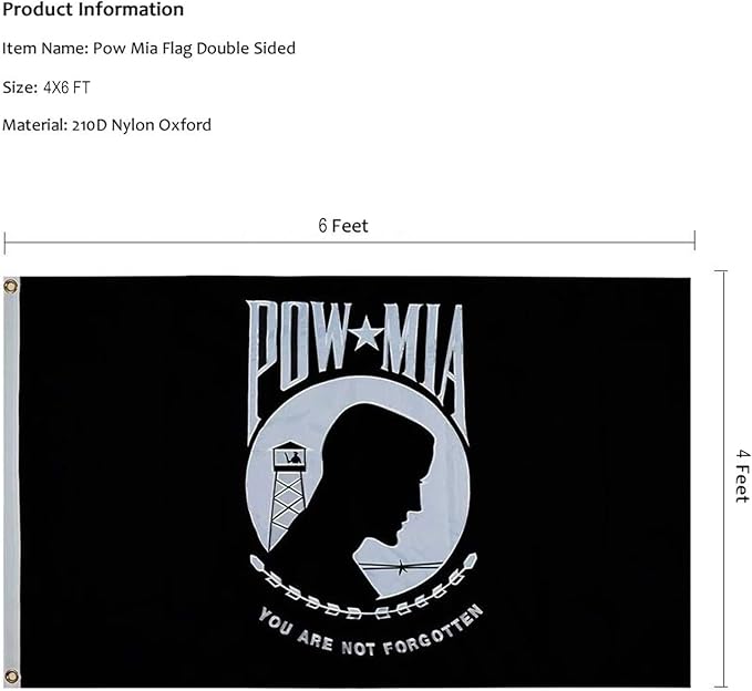 Homissor Pow Mia Flag Embroidered 4x6 Outdoor - Heavy Duty Double Sided You are Not Forgotten War Flags 300D Military Pow Flags for Outside (4x6ft)