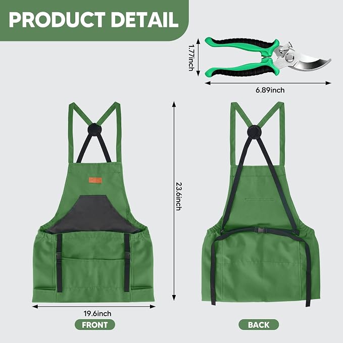 3PCS Gardening Apron, Harvest Apron with Shears and Gloves for Women, Men | Cross-Back, Large Quick Release Pocket, 600D Oxford Fabric, Heavy-Duty Garden Apron for Fruit Picking, Field Work, Harvesting