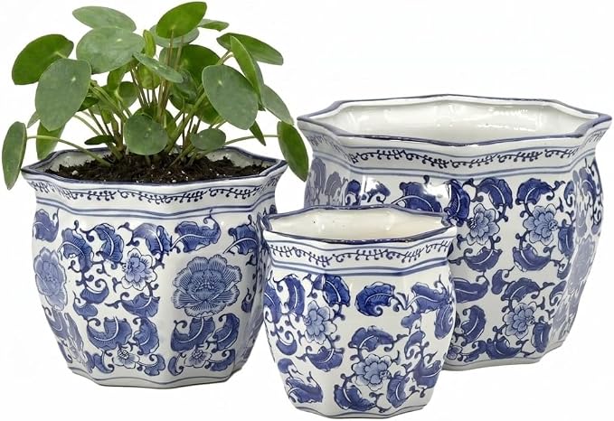 Galt International Blue & White Round Fluted Classic Floral Porcelain Ceramic Plant Flower Planter Pot Set of 3 (7.5", 10", 13") Garden Pots Chinese Asian Design
