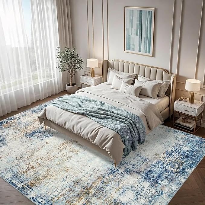 Washable 10x14 Area Rug: Blue Rugs for Living Room Dining Room Bedroom Office Indoor - Non-Slip Modern Large Carpet Home Decor - 10x14 Mottled Blue