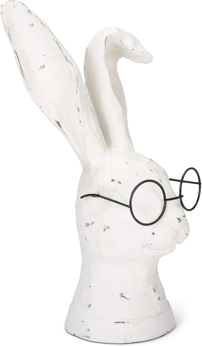 Raz Distressed Rabbit Floppy Ears Round Glasses 11 inch Resin Stone Decorative Figurine