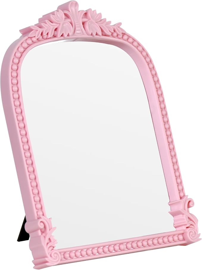 Pink Plastic Arched Makeup Mirror, Standing, Hanging or Wall Mount, Bathroom, Living Room, Bedroom White and Decorative Mirror (Pink-10.6 x 8.6 inch)