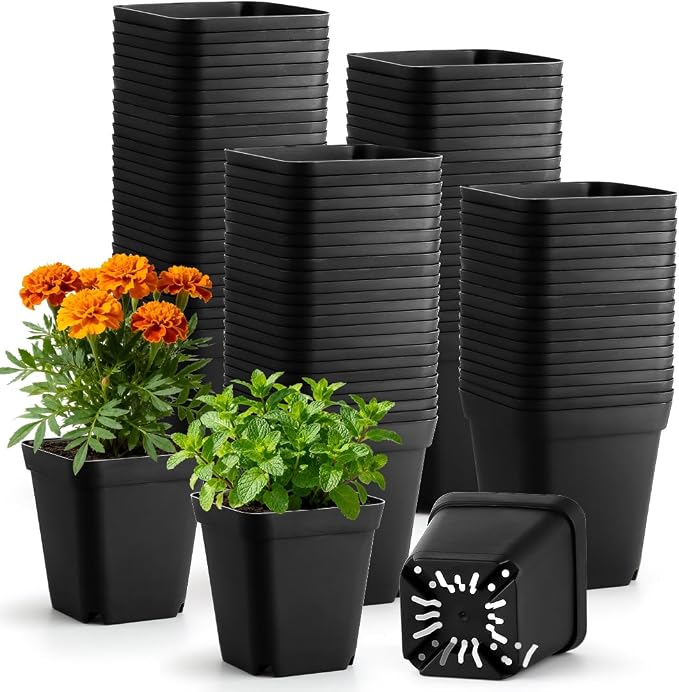 BTPLASTIK Square Nursery Pots 2.7 Inch 180 Pcs, Plastic Small Flower Pots with Drainage Holes, Sturdy Seedling pots for Planting, Cuttings (Black)