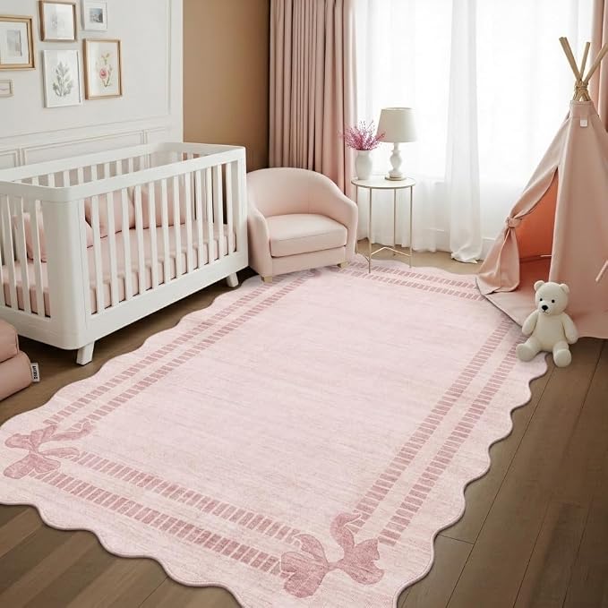 Latte&Fog Girls Bedroom 5x7 Pink Rug, Scalloped Bow Area Rugs Living Room | Non Slip Low Pile Soft Floral Cute Carpet for Dining Kitchen Kids Playroom Nursery Guest Room Classroom Dorm Farmhouse Office