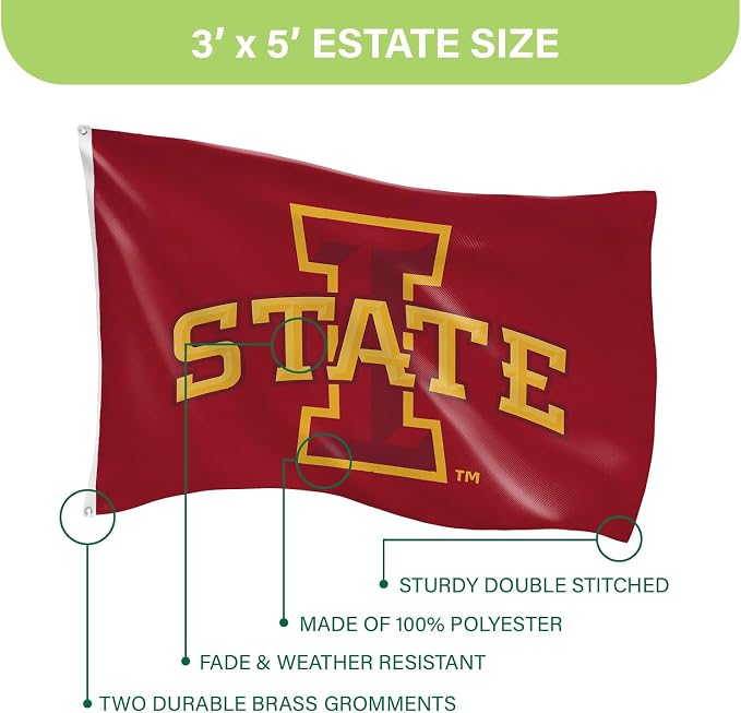 NCAA Iowa State University Flag with Grommets, 3'x5' ISU Cyclones Outdoor College Flags & Banners for Garden Patio Indoor Wall Décor