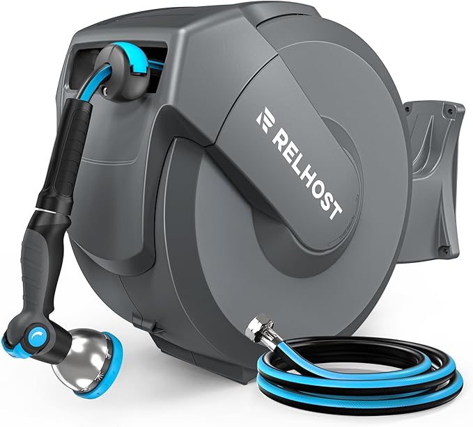 Relhost Retractable Garden Hose Reel, 1/2 in x 65 ft Wall Mount Heavy Duty Hose Reel with Any-Length Lock, Auto Rewind System, 180° Swivel Bracket, and 10-Pattern Nozzle for Garden, Dark Grey
