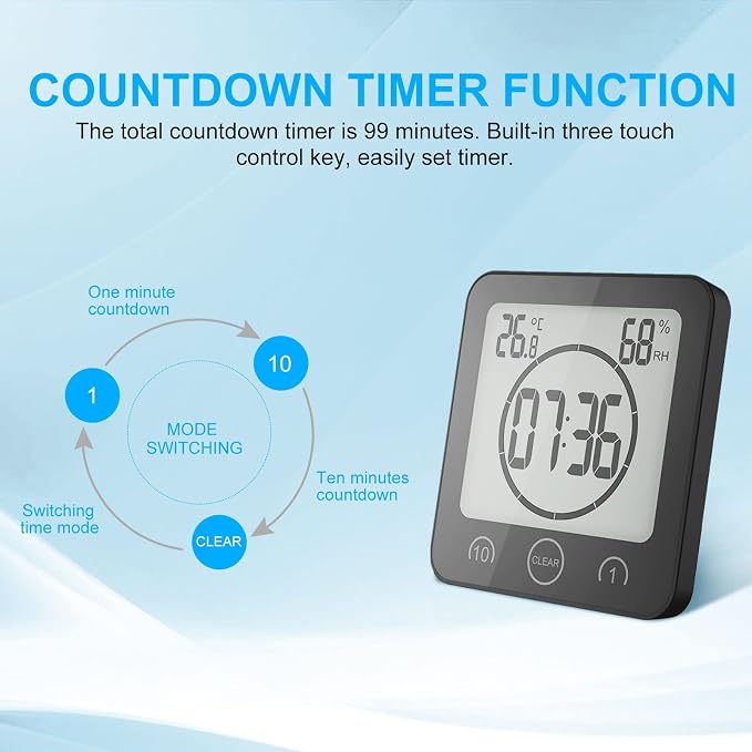 Digital Bathroom Shower LCD Wall Clock with Suction, Waterproof Temperature Humidity Gauge, Touch Screen Timer, Large Countdown Timer (Black)