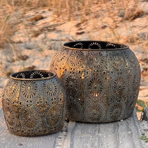 2 Piece Daisy Hurricane Lantern Set, Distressed Gold - Image 2