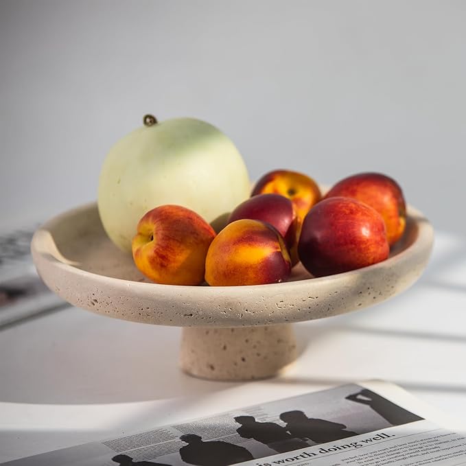 Natural Travertine Fruit Bowl for Kitchen Counter 10.2",Large Decorative Bowl & Travertine Bowl Pedestal for Kitchen Counter & Dining Table ,For Entryway, Kitchen Fruit Bowl, Dining Table Centerpiece.
