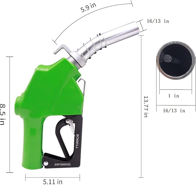 1" Inch NPT Green Automatic Fuel Nozzle Heavy Auto Shut-Off Aluminum Alloy Diesel Petrol Fuel Transfer Pump Nozzle W/Three Notch Hold Open Clip The Max Flow Rate 32 GPM Not for gravity tank