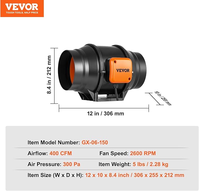 VEVOR Inline Duct Fan, 6-Inch 400 CFM with Variable Speed Controller, Quiet AC-Motor Ventilation Exhaust Fan for Cooling Booster, Grow Tents, Hydroponics
