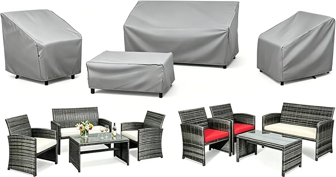 STARTWO Outdoor Furniture Cover Waterproof, 4 Piece Patio Furniture Set Cover for Outside Couch, Lawn Chairs, Coffee Table, Windproof with Buckle Strap, Grey