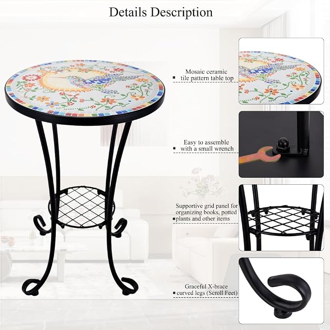 Mosaic Outdoor Side Table Small Round Patio Table Plant Stand | 21" Accent End Table with 14" Ceramic Tile Top for Small Spaces Porch Pool Garden Decor Indoor Living Room Bedroom Balcony