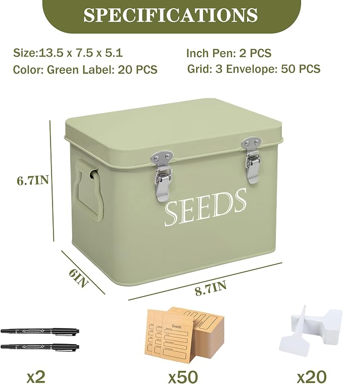 Ecopark Seed Storage Box, Professional All-in-one Kit with 2 Pens, 20 Plant Labels and 50 Seed Envelopes, Metal Storage Organizer, Saving Box, Seed Packet Container, Green
