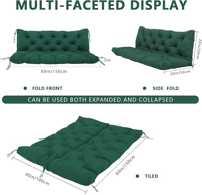 Durable Extra 5" Thick Outdoor Swing Cushions 3 Seater Waterproof Replacement Porch Swing Cushions with Backrest and Ties Fade-Resistant for Outdoor Patio Long Bench Furniture(Dark Green 60×40×5")