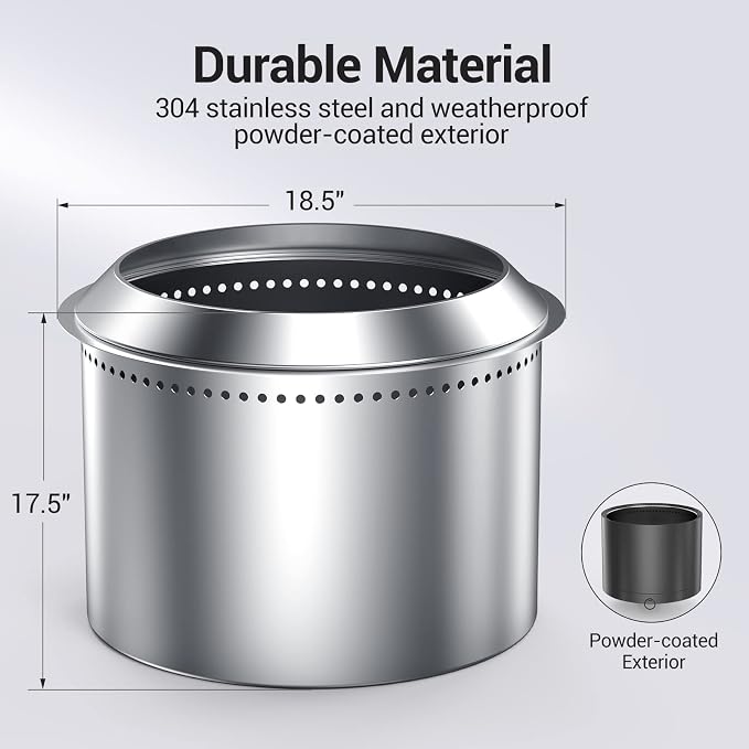 Rock&Rocker Smokeless Fire Pit, 304 Stainless Steel, 18.5 Inch Outdoor Bonfire Firepit, Fire Pits for Outside, with Removable Ash Pan, Portable Handle & Waterproof Cover, for Backyard Party, BBQ